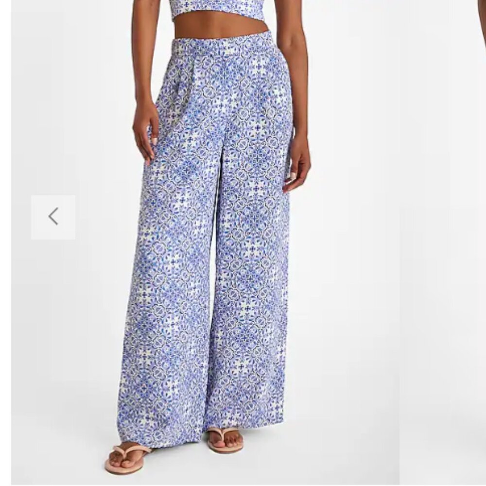 NWT Express Blue & White Tile Print Wide Leg Pants XS